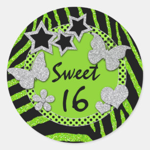 Green Black Silver FAUX Glitter Sweet 16 Sticker