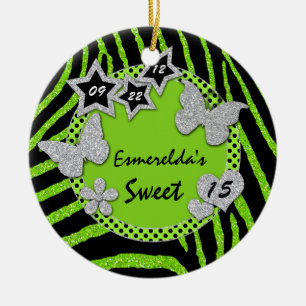Green Black Silver Zebra Sweet 15 Photo Ornament