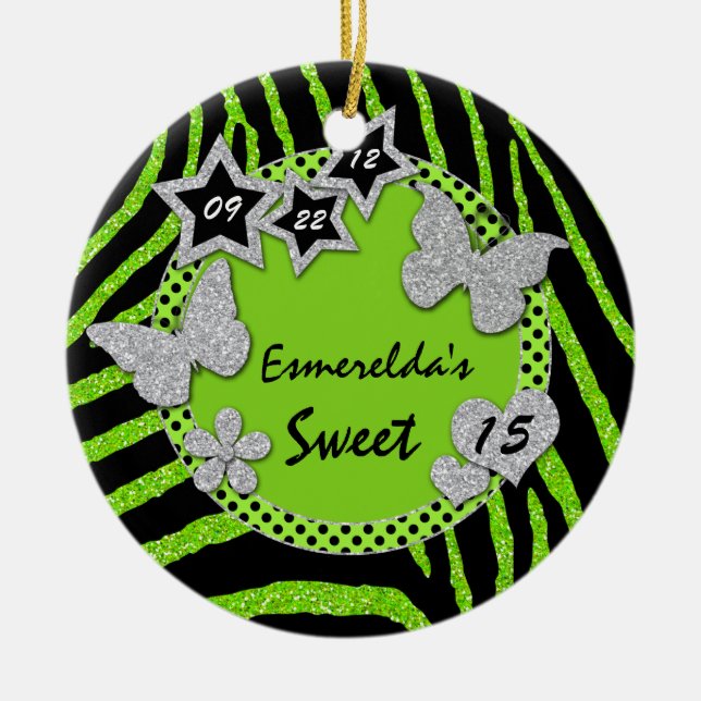Green Black Silver Zebra Sweet 15 Photo Ornament (Front)