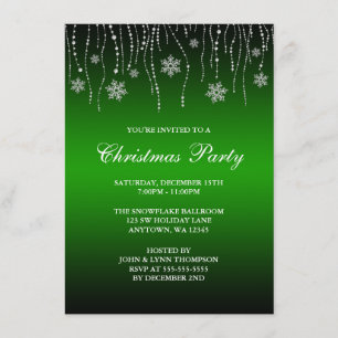 Green Black Sparkle Snowflakes Christmas Party Invitation
