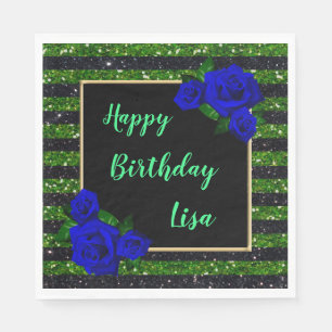 Green Black Stripe Glitter Deep Blue Rose Birthday Napkin