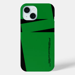 Green & Black Stripe on Stripe Minimalist, Name, iPhone 15 Case