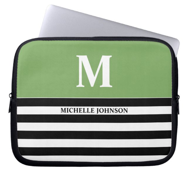 Green Black Striped Laptop Case for Women or Girl (Front)