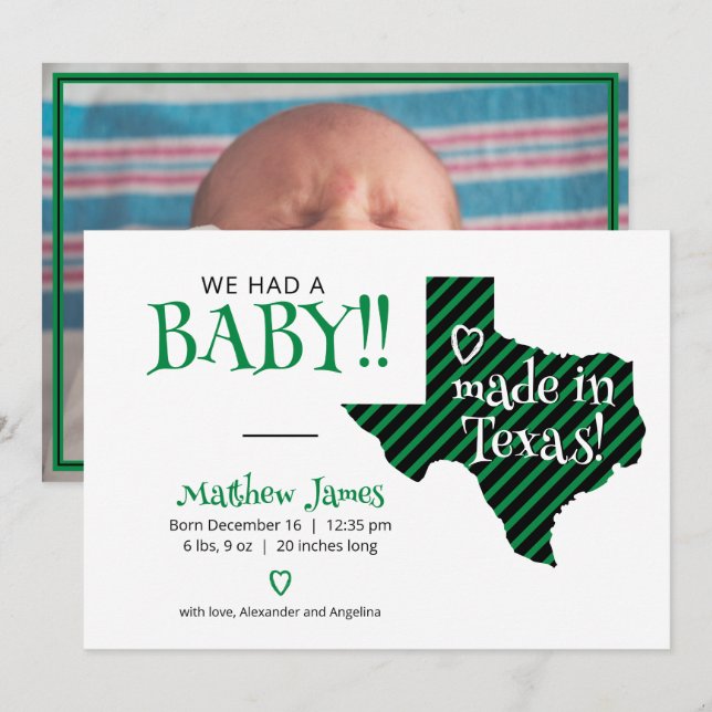 Green/Black Striped Made in Texas Photo Baby Announcement (Front/Back)