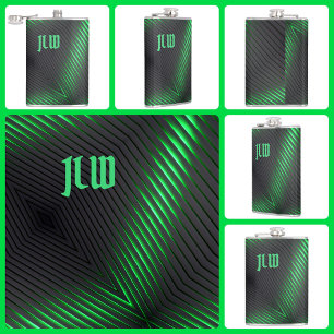 Green Black Stripes Techno Abstract with Initials Hip Flask