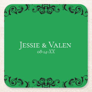 Green & Black Swirl Gothic Wedding Square Paper Coaster