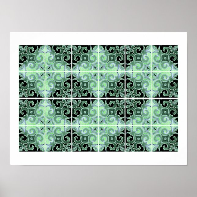 Green Black Swirl Inspired by Portuguese Azulejos Poster (Front)