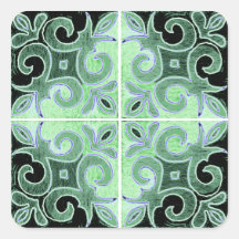 Green Black Swirl Inspired by Portuguese Azulejos