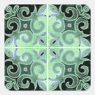 Green Black Swirl Inspired by Portuguese Azulejos Square Sticker