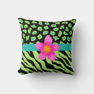 Green, Black & Teal Zebra & Cheetah Pink Flower Cushion