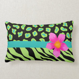Green, Black & Teal Zebra & Cheetah Pink Flower Lumbar Cushion