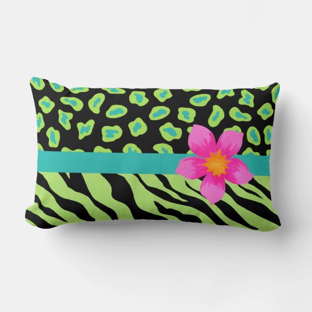 Green, Black & Teal Zebra & Cheetah Pink Flower Lumbar Cushion (Front)