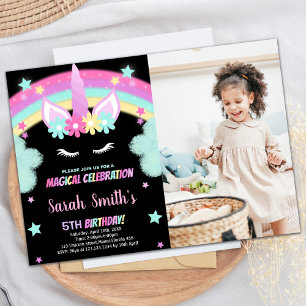 Green Black Unicorn Birthday Invitations w photo