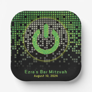 Green Black Video Game Gamer Bar Mitzvah Paper Plate