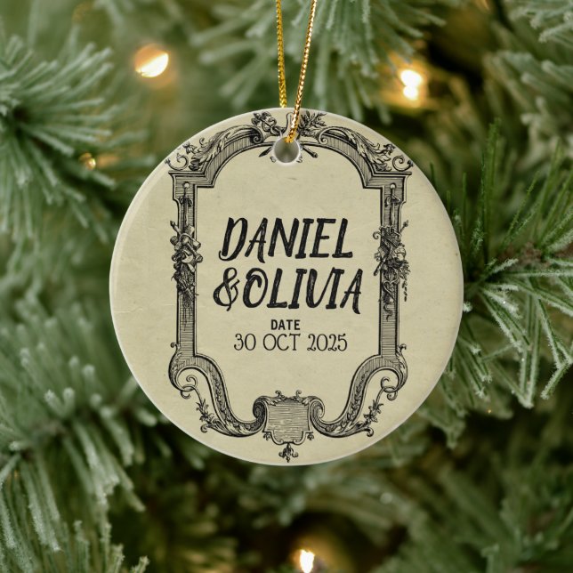 Green Black Vintage Classic Wedding Ceramic Ornament (Tree)