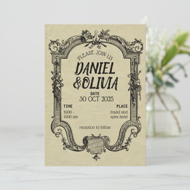 Green Black Vintage Classic Wedding Invitation (Standing Front)