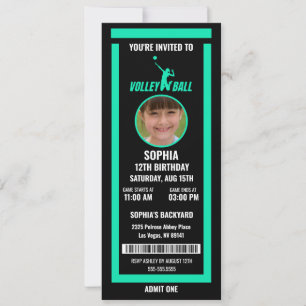 Green Black Volleyball Ticket Birthday Photo Invitation