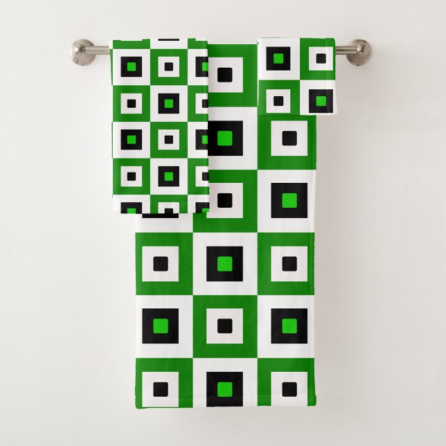 Green Black White Checkered Squares Pattern Bath Towel Set (Creator Uploaded)
