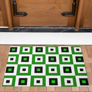 Green Black White Checkered Squares Pattern Doormat