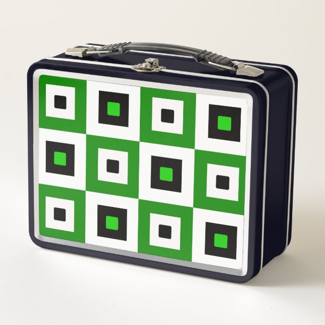Green Black White Checkered Squares Pattern Metal Lunch Box (Front)
