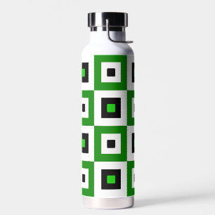 Green Black White Checkered Squares Pattern Water Bottle