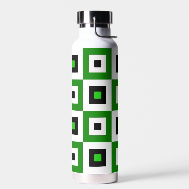 Green Black White Checkered Squares Pattern Water Bottle (Left)