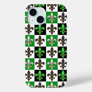 Green Black White Chequered Fleur-de-lis Design iPhone 15 Case