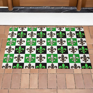 Green Black White Chequered Fleur-de-lis Design Doormat