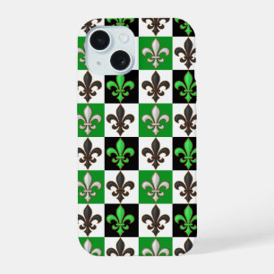 Green Black White Chequered Fleur-de-lis Design iPhone 15 Case