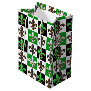 Green Black White Chequered Fleur-de-lis Design  Medium Gift Bag