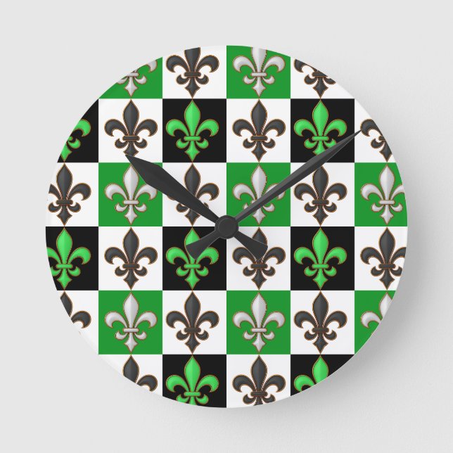 Green Black White Chequered Fleur-de-lis Design  Round Clock (Front)