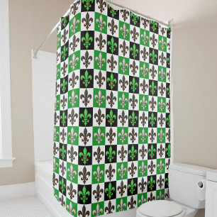 Green Black White Chequered Fleur-de-lis Design Shower Curtain