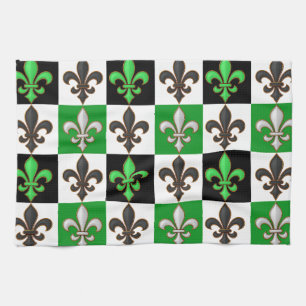 Green Black White Chequered Fleur-de-lis Design Tea Towel