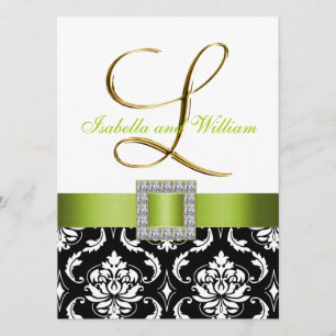 Green Black White Damask Initial L Wedding Invite