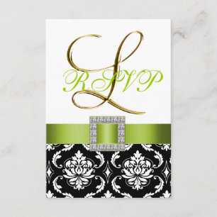 Green Black White Damask Initial L Wedding RSVP Invitation