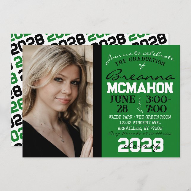 Green, Black & White Graduation Photo Invitation (Repeating Class Year 1 & 2 Photo Graduation Invitations & Announcements)
