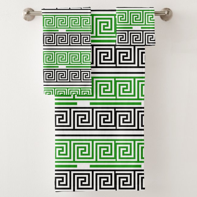 Green Black White Greek Key Fret Pattern Design  Bath Towel Set (Creator Uploaded)