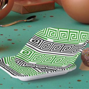 Green Black White Greek Key Fret Pattern Design Paper Plate
