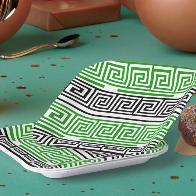 Green Black White Greek Key Fret Pattern Design  Paper Plate (Creator Uploaded)