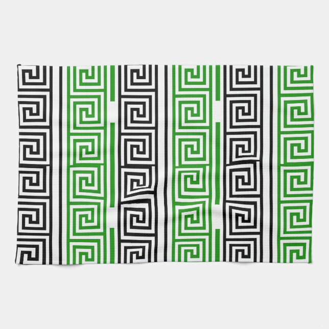 Green Black White Greek Key Fret Pattern Design  Tea Towel (Horizontal)
