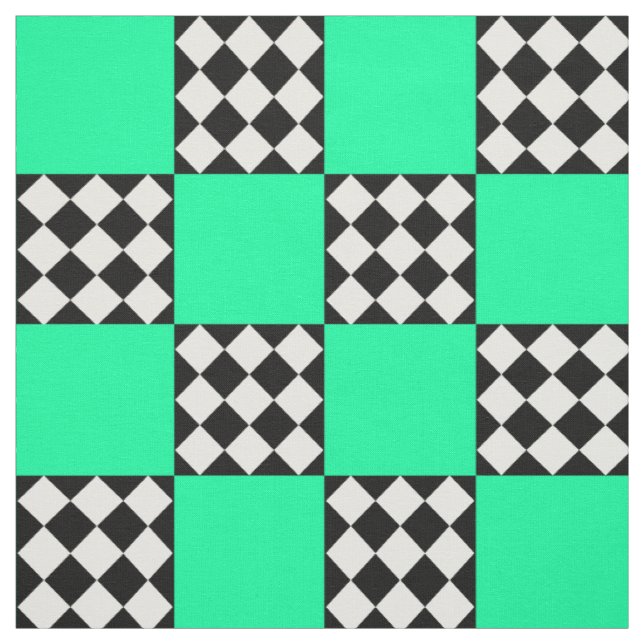 Green Black White Harlequin Square Shape Textile Fabric (Swatch)