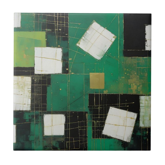 Green Black White Masterpiece in Squares Ceramic Tile (Front)