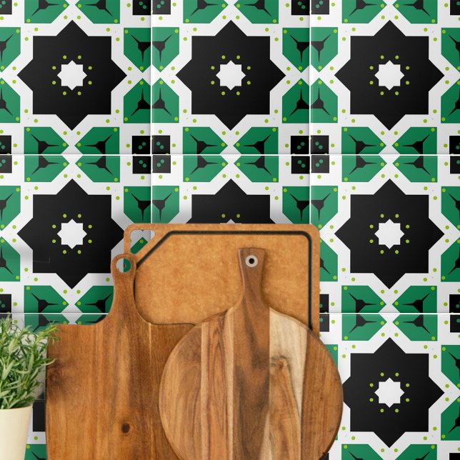 Green Black White Moroccan Mosaic Geometric Ceramic Tile (Creator Uploaded)
