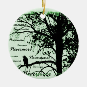 Green Black & White Nevermore Raven Silhouette Ceramic Ornament