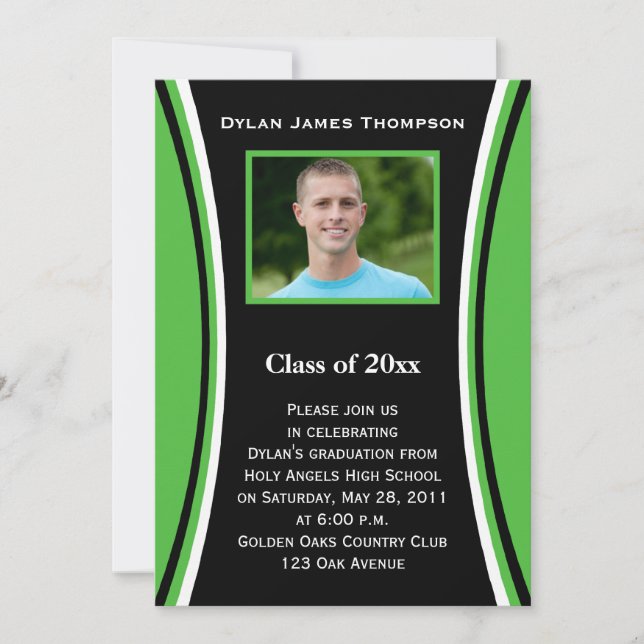 Green, Black, White Photo Graduation Invitation (Front)