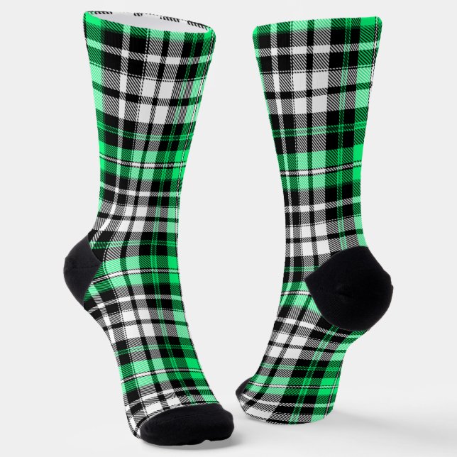 Green Black White Plaid Tartan Pattern Design  Socks (Angled)