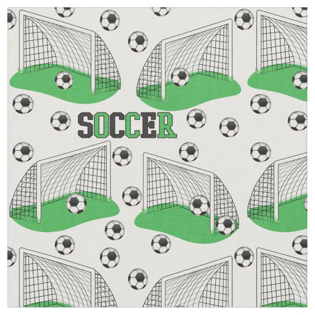 Green | Black | White Soccer Balls | Nets Pattern Fabric (Close Up)