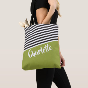 Green Black White Striped Pattern Personalised Tote Bag