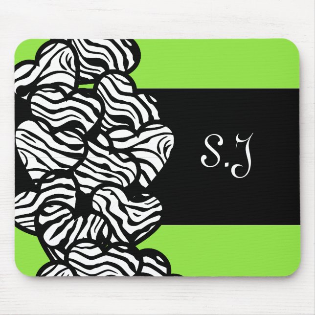 Green black white zebra pattern heart monogram mouse pad (Front)
