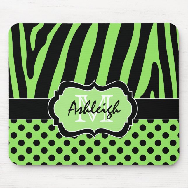 Green, Black, White Zebra Stripe & Dots Mousepad (Front)